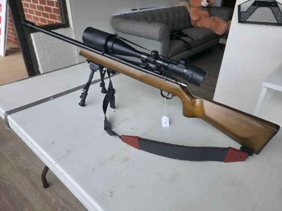 Bold Action Caliber 22 Rifle with wood stock, cp Scope, Bipod, Lasco Scope NSF-PW) 1 1/4 in x 3/4,