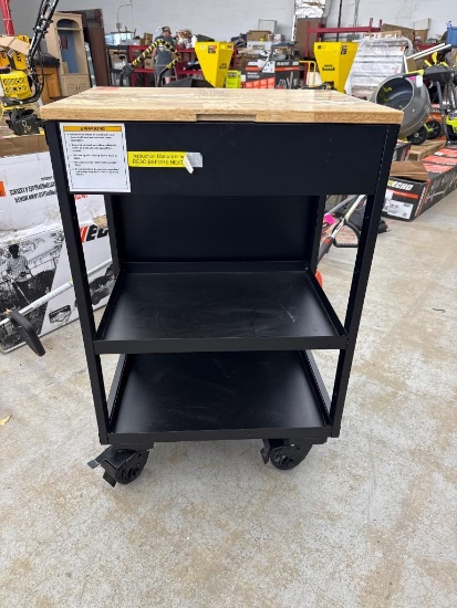 Open Box Black Utility Cart with Wooden Top and Casters, Our Price $279.99