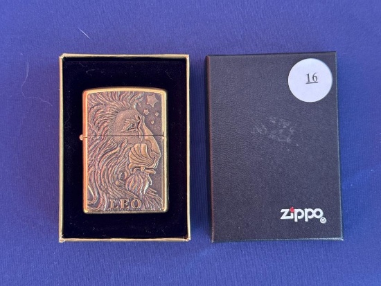 Zippo Brass Lighter with Leo Zodiac Design in Original Box