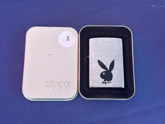Zippo Brushed Metal Lighter with Playboy Logo in Original Tin