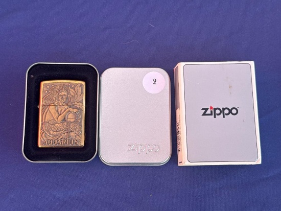Zippo Aquarius Brass Lighter in Original Tin and Box