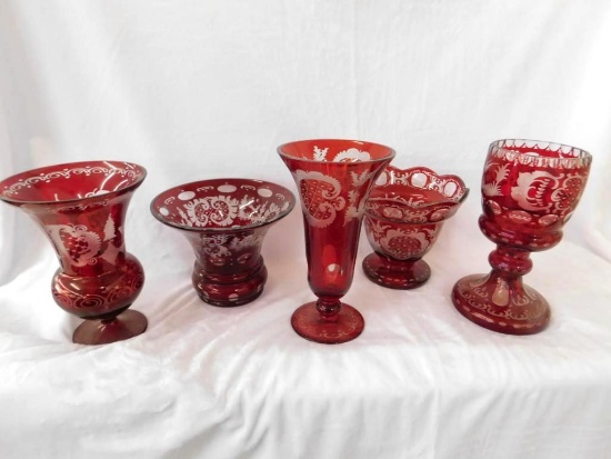 Mid Century Bohemian Ruby Red Stained Glass Group - 5pcs.