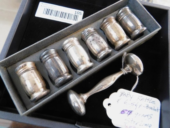 Box of Sterling Mini Salt Shakers and Rattle