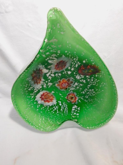 MCM Murano Blown Glass Bowl Green with Flowers Silver Fleck