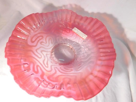 Vintage Swirling Maze Cranberry Opalescent Glass Bowl