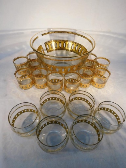 MCM Culver Gold Gilded Punch Bowl and 12 Cups