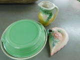 Lot of 3 Vintage Pottery Pieces Refrigerator Dish - Wall Pocket and a Small Pitcher