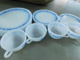 Lot of 17 Pieces of Termo Rey Milk Glass Dinnerware with Blue Trim Made in Brazil