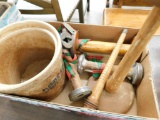 Box Lot with Wood Spools - Wig Stand and a Grease Pot