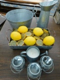 7 Piece Lot of Galvanized Steel Items 4 Candle Holders - Ewer - Mini Wash Bin - Handled Basket with