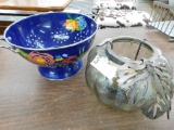 Enameled Painted Strainer and Glass Pumpkin Candle Holder