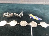 Sterling Silver Pin - Cufflinks and Coin Bracelet Bracelet has no Clasps 21.8 Grams Total Weight