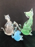 Group of 3 Murano Blown Glass Cats Incased with Twisted String and Blue 6.5
