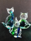 Group of 3 Murano Blown Glass Cats Incased With Blue and Green 6