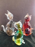 Group of 3 Murano Blown Glass Cats Incased With Gold Fleck - Red and Blue Green 7