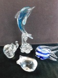 Group of 4 Murano Blown Glass Animals Dolphin - Elephant - Pig - Fish