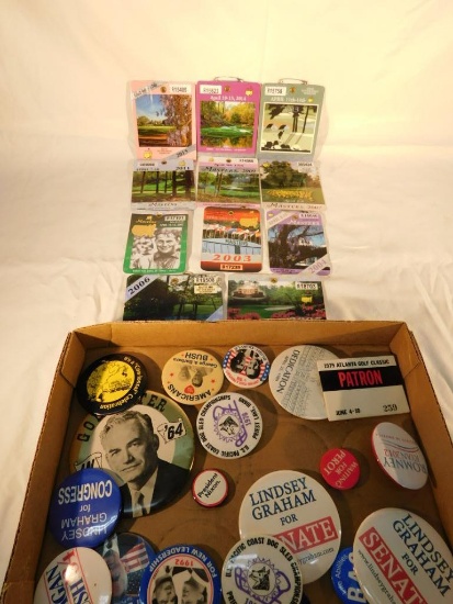 Box Lot with 11 Vintage Masters Tickets and Political Buttons