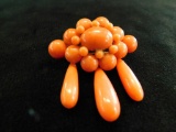 14K Yellow Gold Brooch with Coral 12.9 Grams Total Weight