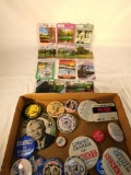 Box Lot with 11 Vintage Masters Tickets and Political Buttons