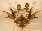 Vintage Pair of Brass Dragon Candle Holders and Brass Censor