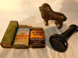 Box Lot with Vintage Tins - Telephone End - Cast Iron Lion Bank