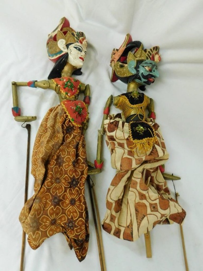 Pair of Vintage Thai / Siam Wood Stick Puppets