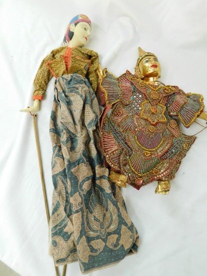 Pair of Vintage Thai / Siam Wood Puppets one Stick One String