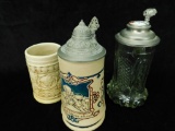 Group of 3 Mid Century German Steins - One with Pewter and Porcelain Lid
