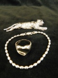 Sterling Silver - Tiger Brooch - Heart Ring and Bracelet - 24.9 Grams