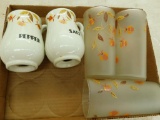 Box Lot of Jewel Tea Salt and Pepper Shakers and 3 Glasses