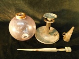 Lot with Amethyst Lightning Rod Ball and Spike - Tin Candle Holder and Snuffer