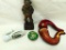 Lot with Carved Wood Statue - Porcelain Pipe Base - Vintage Pipe and Cloisonne Box