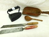 Lot with Vintage Kitchen Items - Sad Iron - Wood Scoop and Spoon - Knives