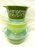 Vintage Pyrex Green Flower Handled Casseroles - No Lid for Small One - 3 Total
