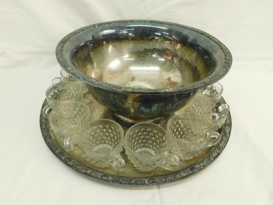 Silver Plate Punch Bowl with Underliner and 11 Glass Punch Cups