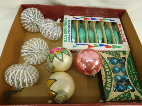 Box Lot of Vintage Christmas Tree Balls and German Made Iridescent Glass Ornaments