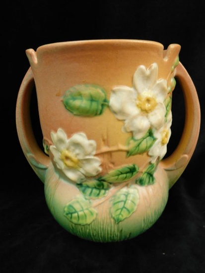 Roseville Pottery - Double Handled Vase - Notched Rim - White Rose Pattern - 985-8