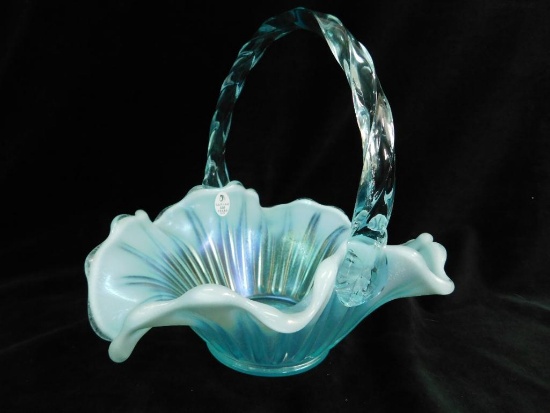 Fenton Glass - Handled Basket - Opalescent Blue - Ruffled Edge