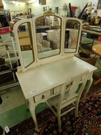 Painted White Vanity with Bat Wing Mirror and Matching Chair