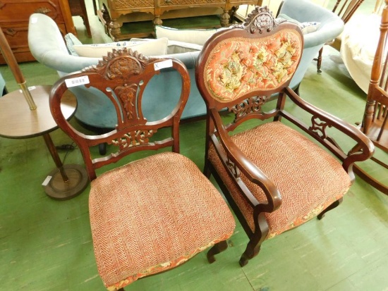 Vintage His and Hers Upholstered Ornate Carved Chairs