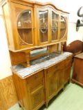 English Marble Top Side Board with Leaded Glass - 2 Piece