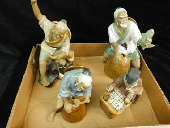 Box Lot of Chinese Mud men - 4 Total - 5" to 8" Tall - 1 Missing Pole