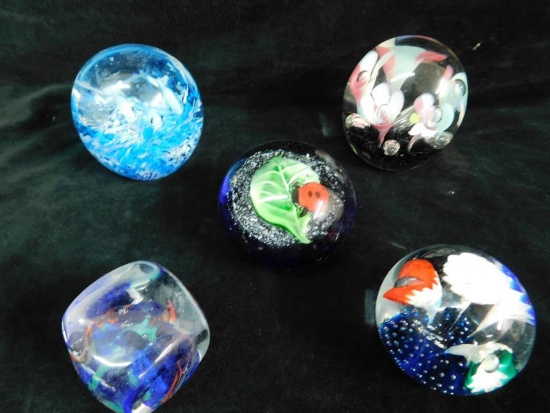 Box Lot of 5 Unsigned Blown Glass Art Paperweights