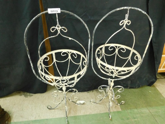 Wrought Iron White Shabby Painted Hanging Baskets on Stands