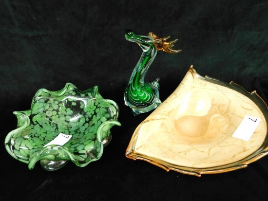 Lot of 3 Mid Century Murano Glass Pieces - 2 Bowls and a Deer Figure