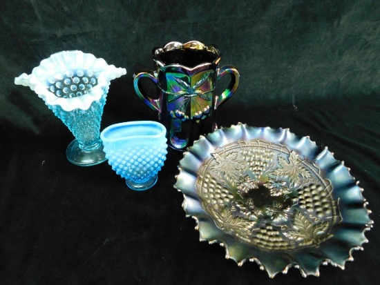 Lot With 2 Carnival Glass Pieces and 2 Hobnail Opalescent Pieces