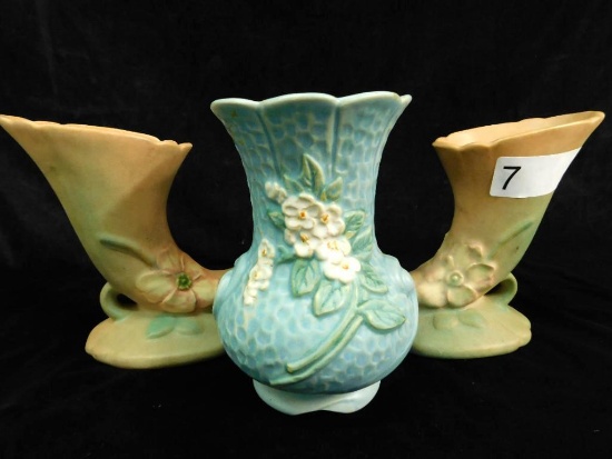 Pair of Weller Cornucopia Vases and a Weller Apple Blossom Vase