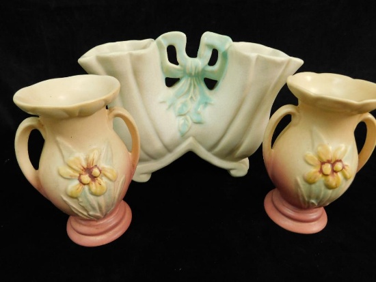 A Weller Double Vase and A Pair Of Hull Mini Urns