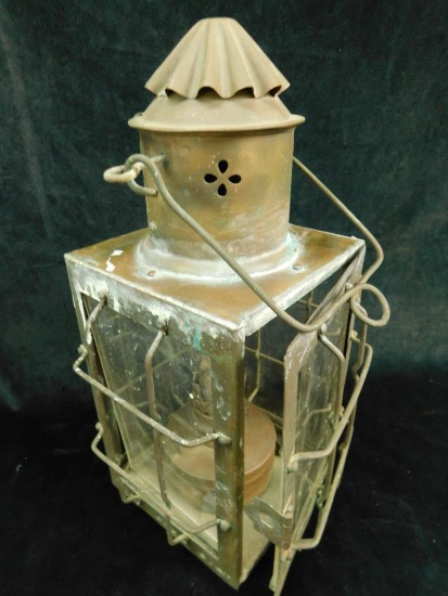 Vintage Brass Caged Kerosene Lantern - 13" x 7.5" x 7.5"