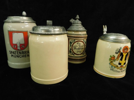 Group of 4 - 1 Thewalt - 3 Brewery Lidded Steins - From 5" to 6.75" Tall